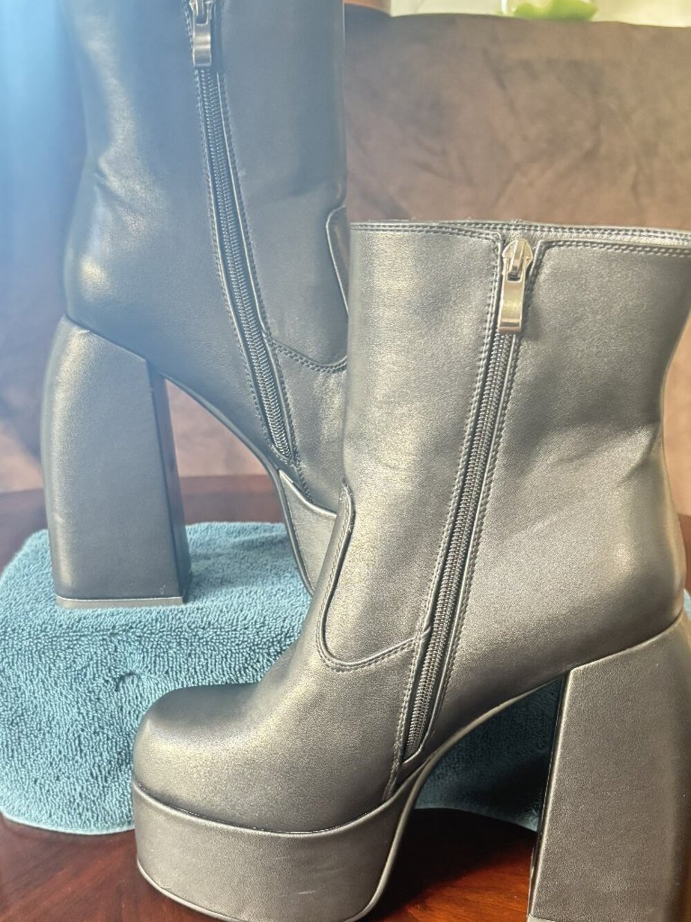 Black Faux Leather Platform Block Heel Zip Ankle Boots Size 40 / US 9